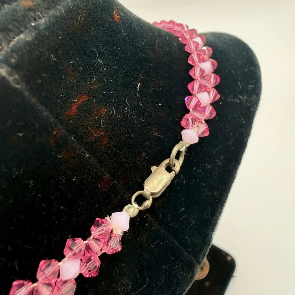 Handmade Pink Crystal Beaded Woven Necklace 17 Inch‎ Bicone Sparkle Artisan